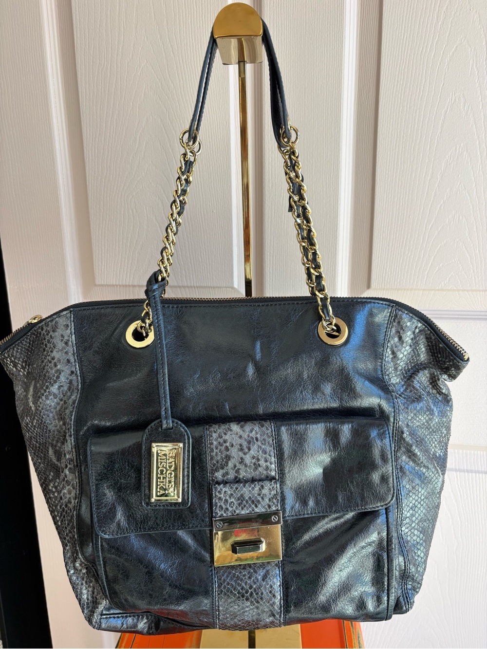 Badgley Mischka Black Chain-Handle Leather Tote with Snakeskin Accents